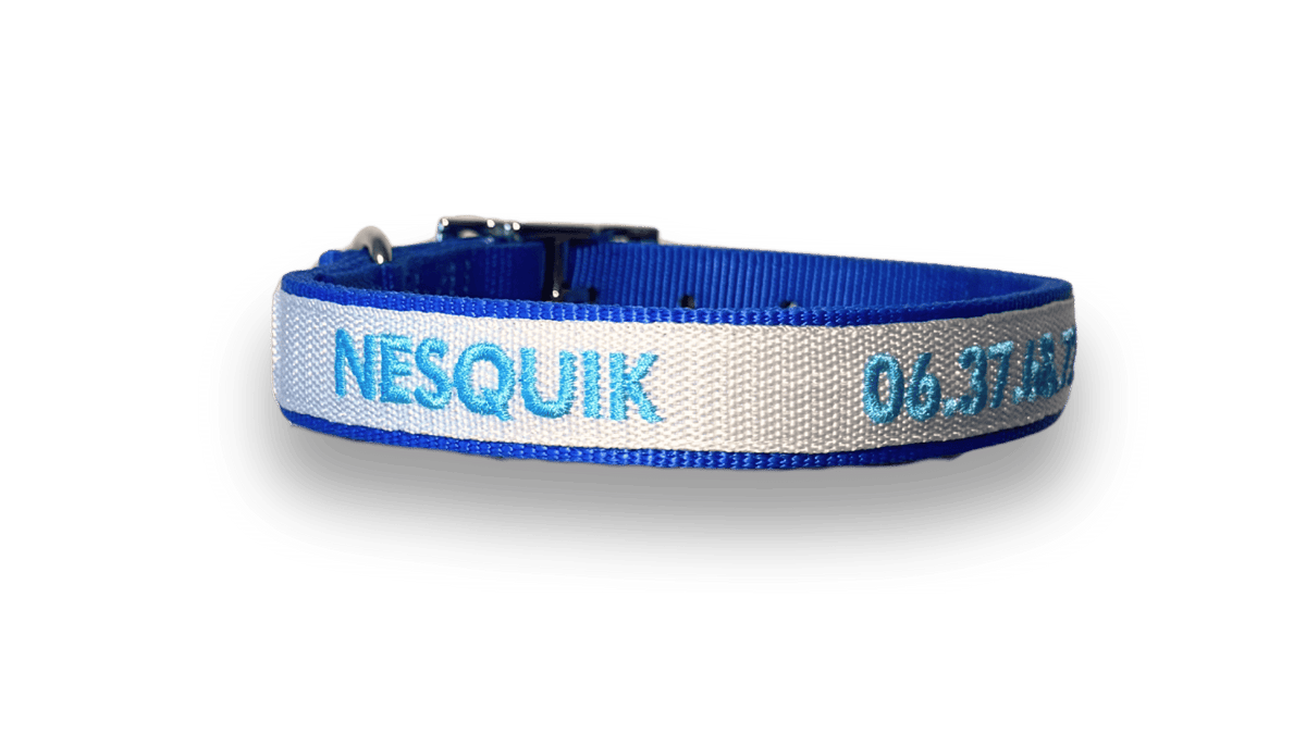 Exemple de collier nylon brodé  bleu roi Valhoma pour chien personnalisé avec une broderie du prénom