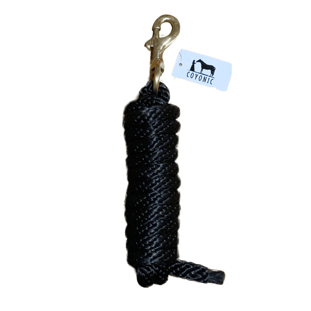 Longe noire cheval 2,5 m robuste et élégante avec bouclerie en laiton. Prise en main confortable et résistance optimale pour l’écurie, les soins et les déplacements.