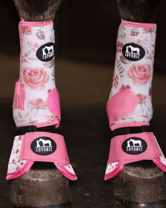Guêtre cheval rose à fleur Cloches cheval rose motif fleuris – protection sabot | Coyonic